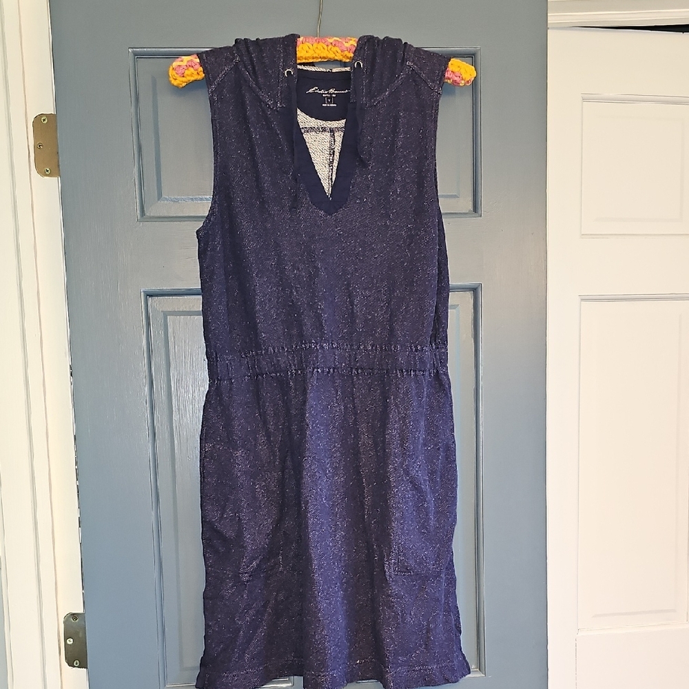 Eddie Bauer Denim color Blue Casual Dress Sleeveless Large Summer Coverup Hood